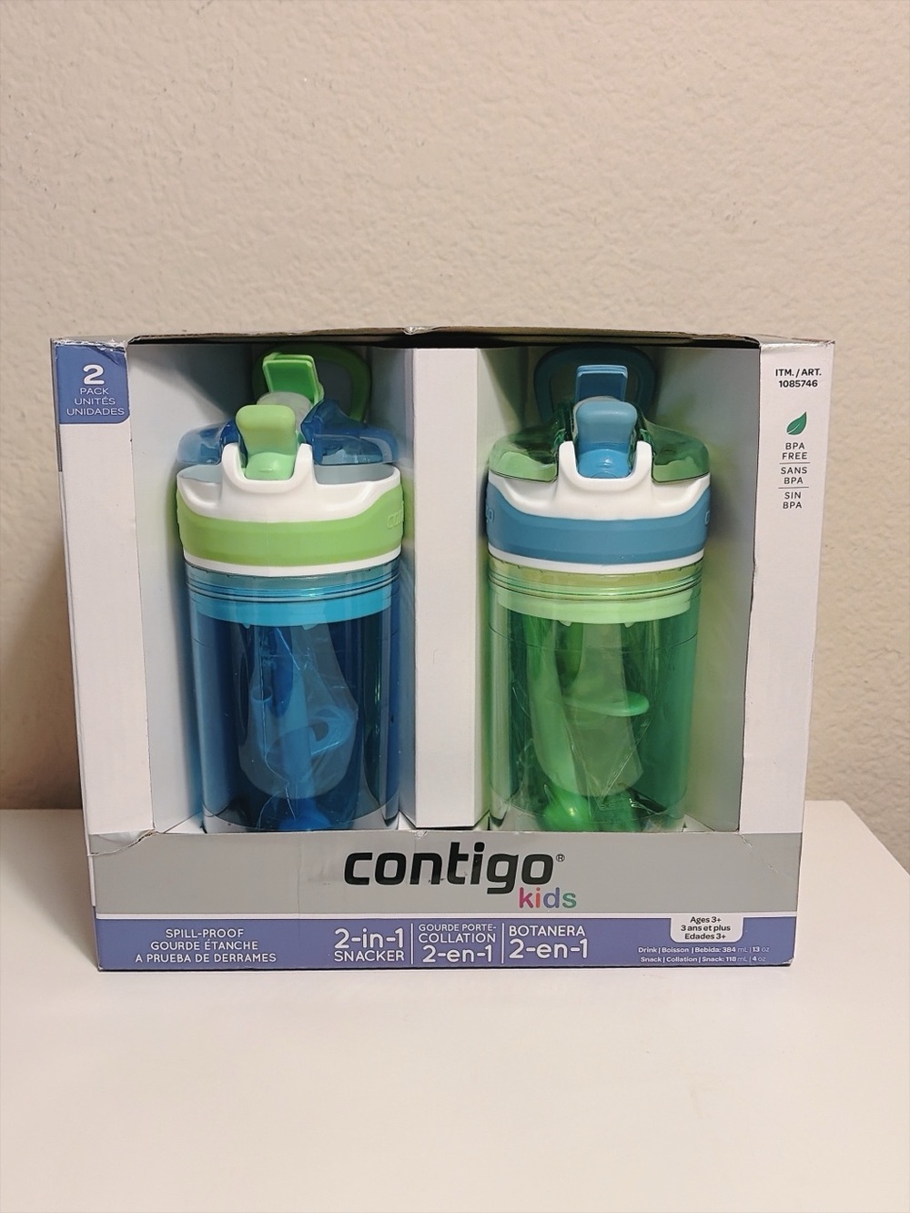Contigo Kids 2-in-1 Snacker Water Bottle 13 oz 2 Pack Spill-Proof Blue Green